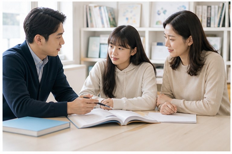 학원 상담실에서 학습 계획을 논의하는 장면
