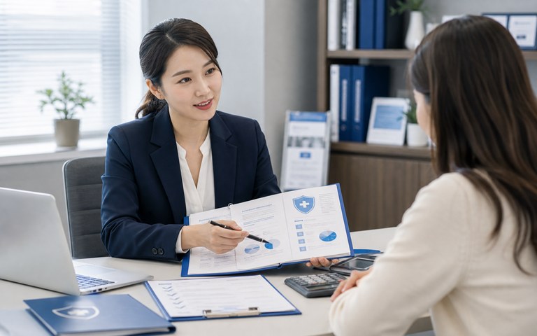보험 상담사가 고객과 보험 서류를 검토하는 장면